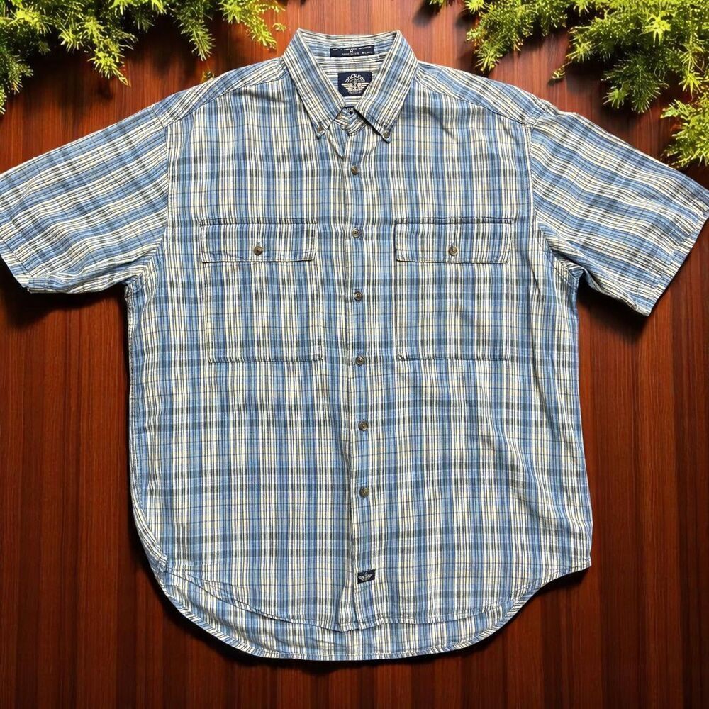 Dockers Indigo Vintage 90s Plaid Blue Tan Button Front Shirt Men's Size Medium